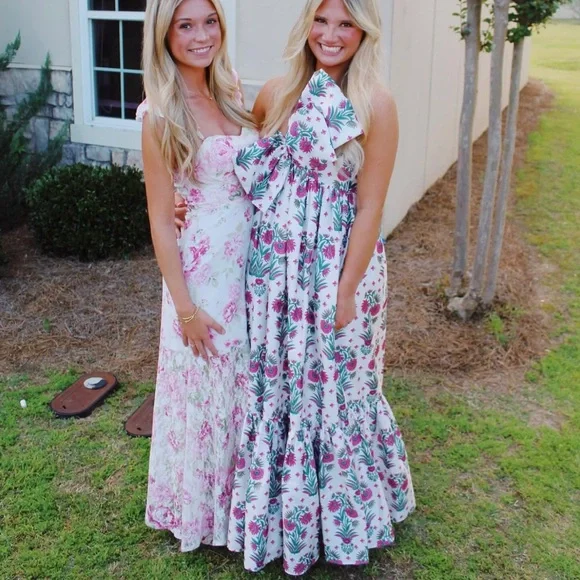 Floral Maxi Dress with Pink and Green Pattern - Picture 2 of 2